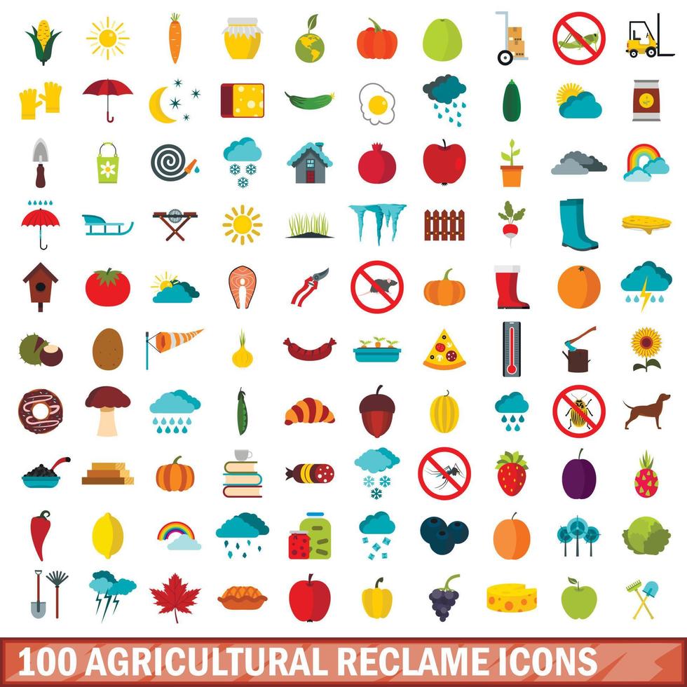 100 landwirtschaftliche Rückgewinnungssymbole gesetzt, flacher Stil vektor