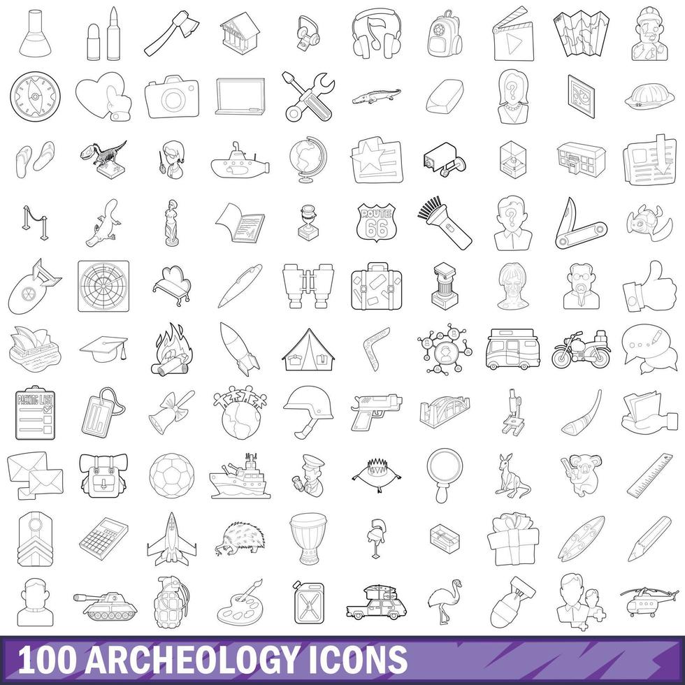 100 Archäologie-Icons gesetzt, Umrissstil vektor