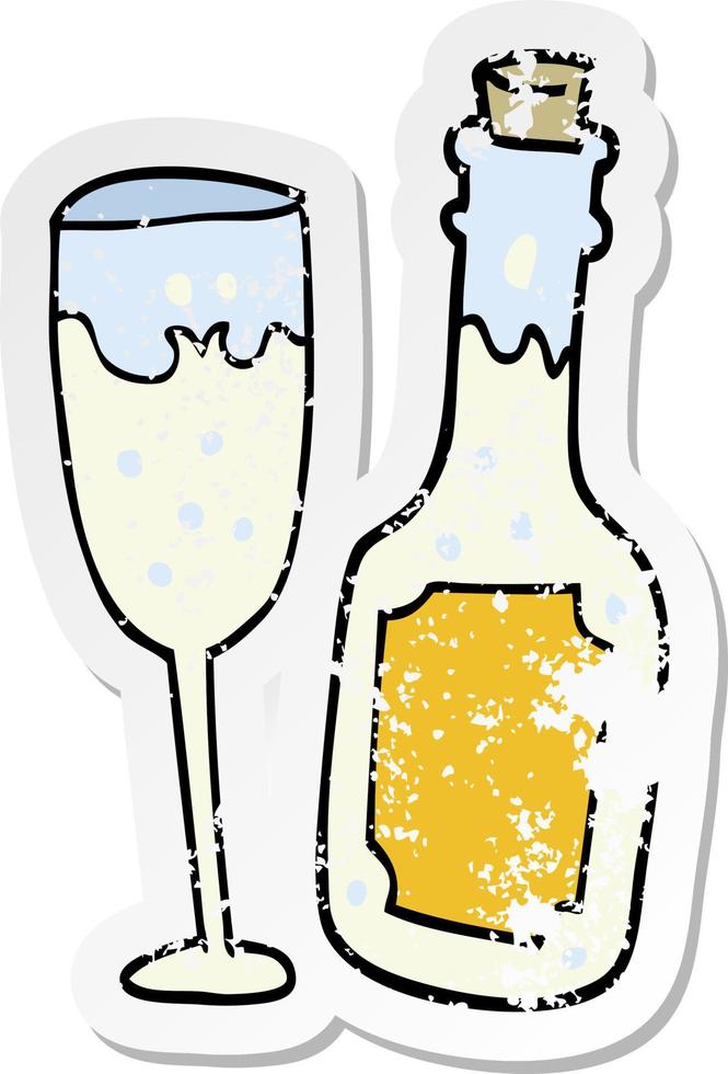 bedrövad klistermärke av en tecknad champagneflaska och glas vektor