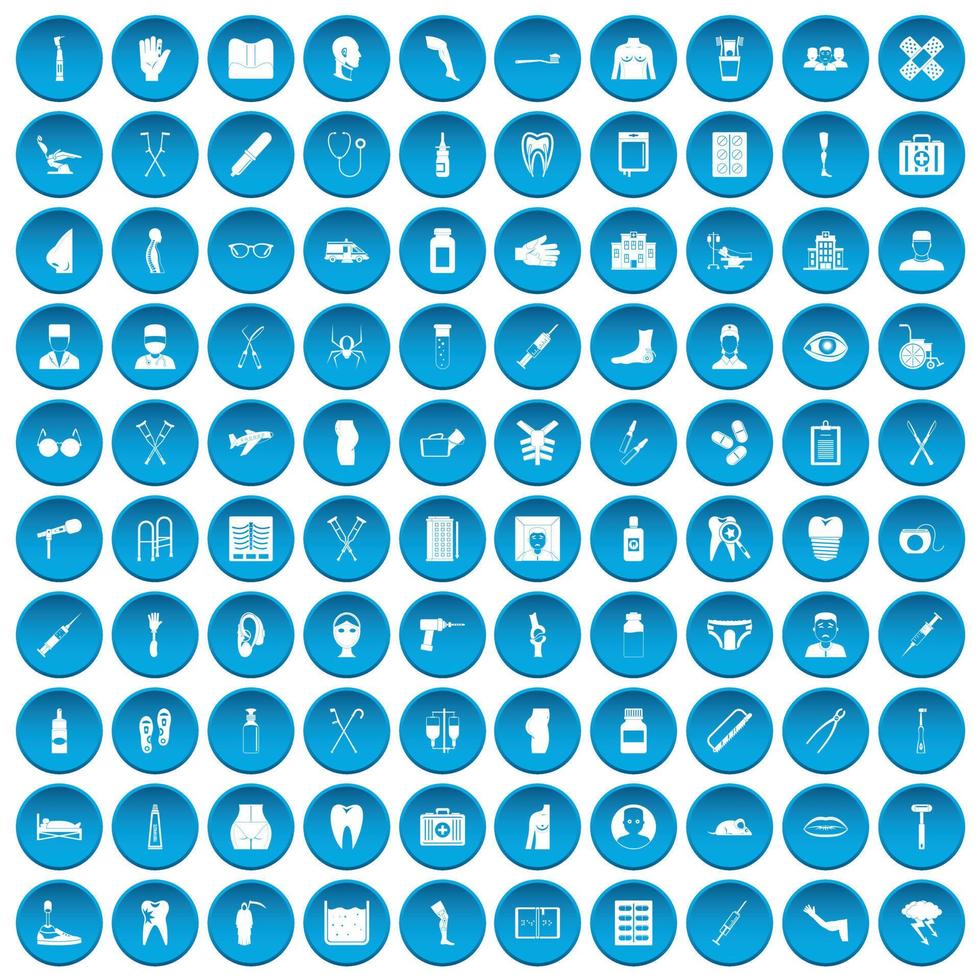 100 medicinsk vård ikoner som blå vektor