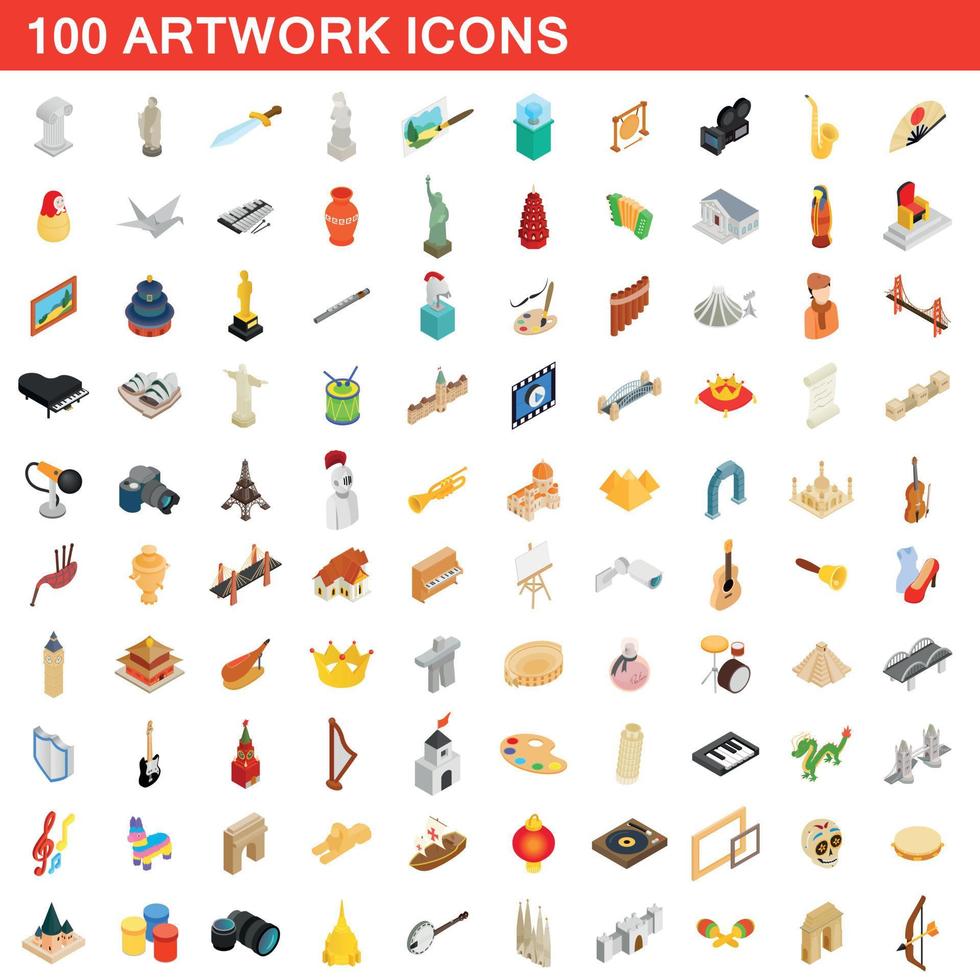 100 konstverk ikoner set, isometrisk 3d-stil vektor