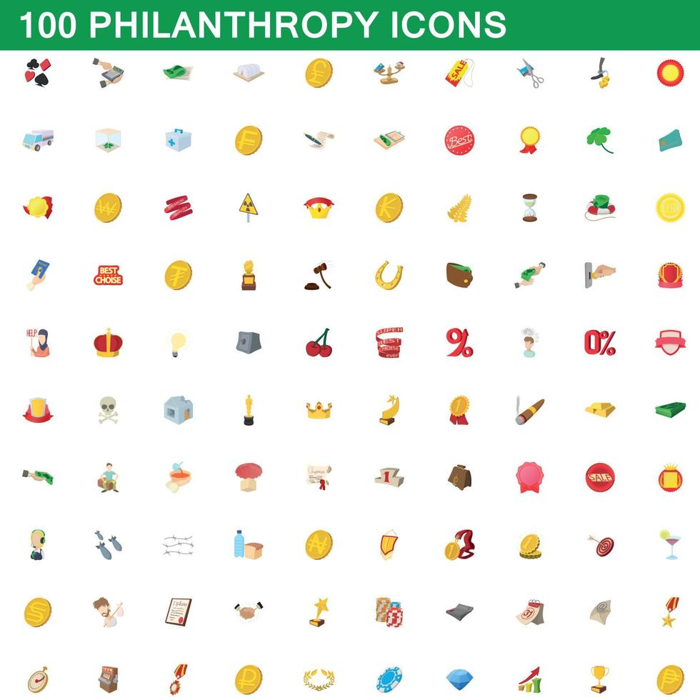 100 Philanthropie-Symbole im Cartoon-Stil vektor