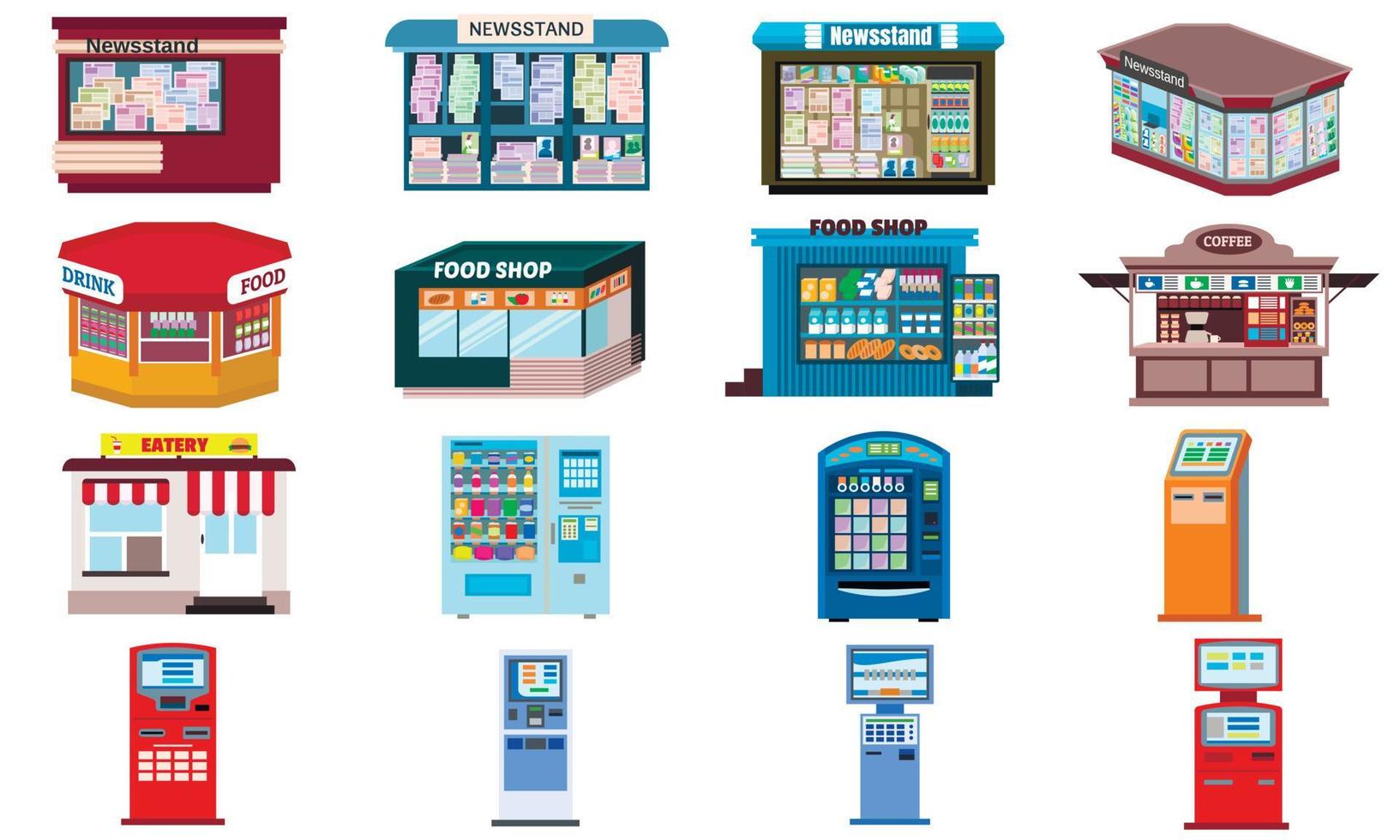 Kiosk-Icons gesetzt, flacher Stil vektor