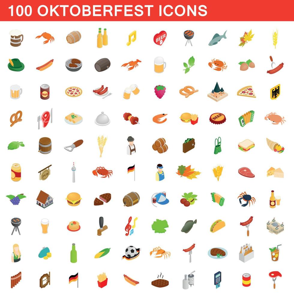 100 Oktoberfest-Icons gesetzt, isometrischer 3D-Stil vektor