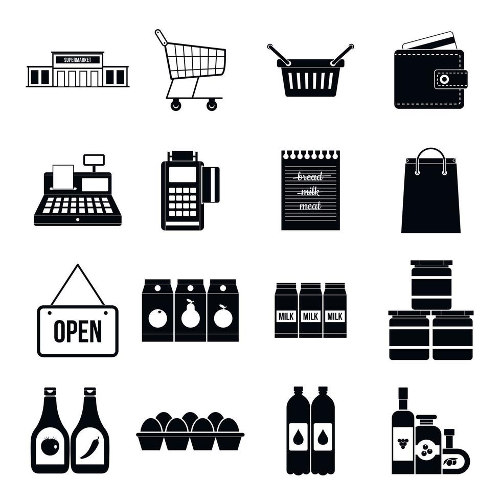 Supermarkt-Icons gesetzt, einfacher Stil vektor