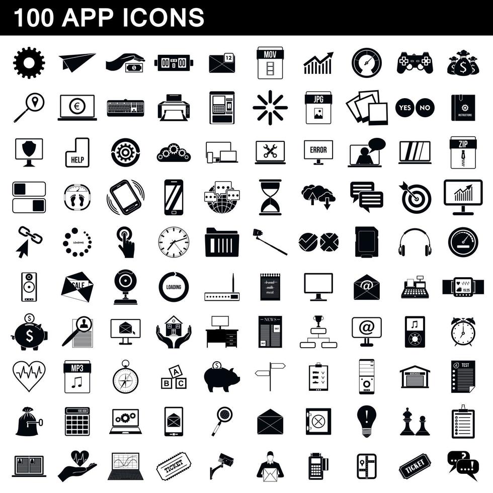 100 App-Icons gesetzt, einfacher Stil vektor