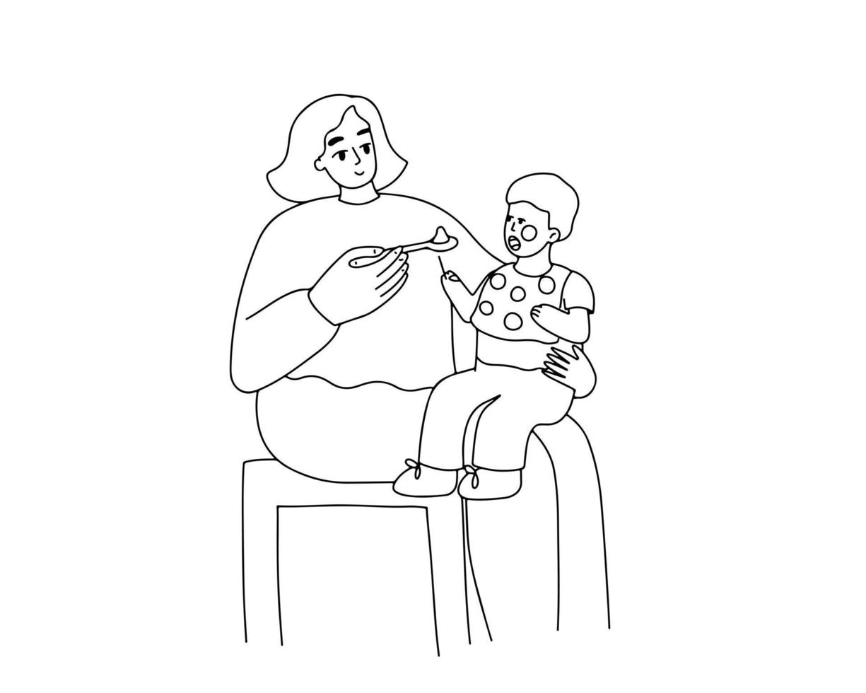 Eine junge Mutter füttert ihr Baby mit einem Löffel. einfache umrisszeichnung, illustration der babyfütterung, babypflege vektor