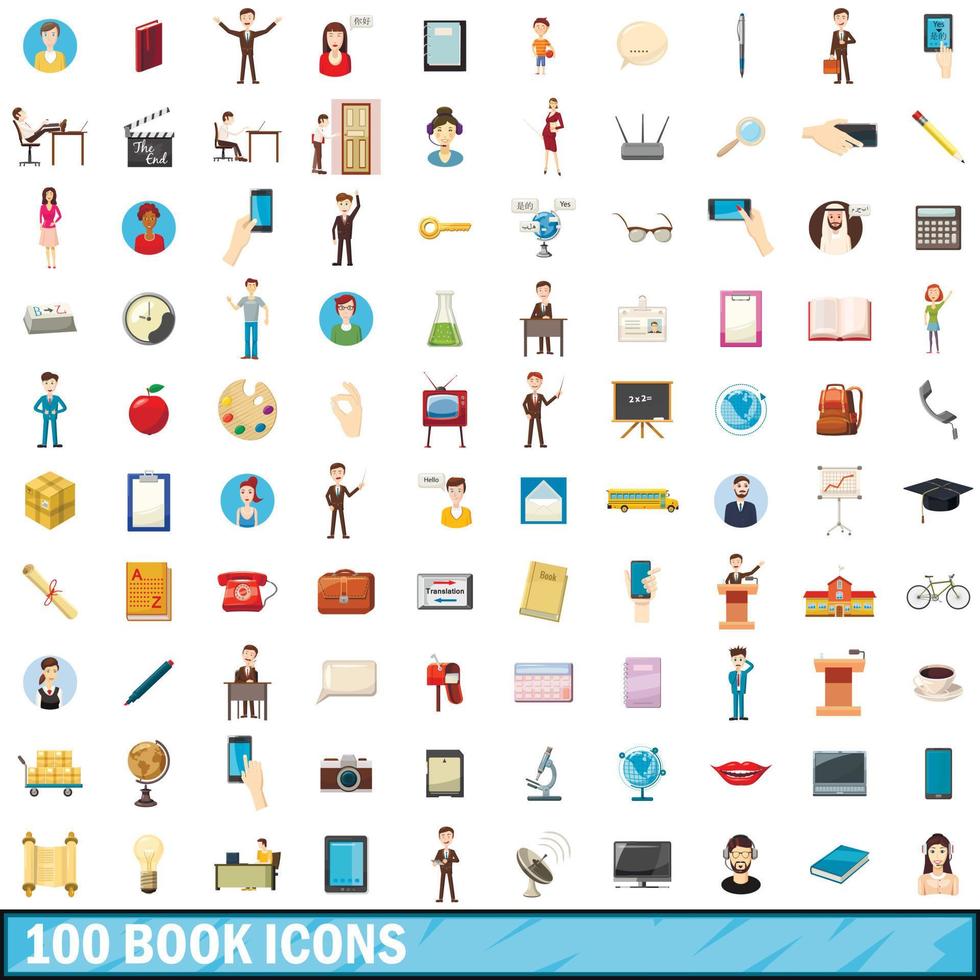 100 bok ikoner set, tecknad stil vektor
