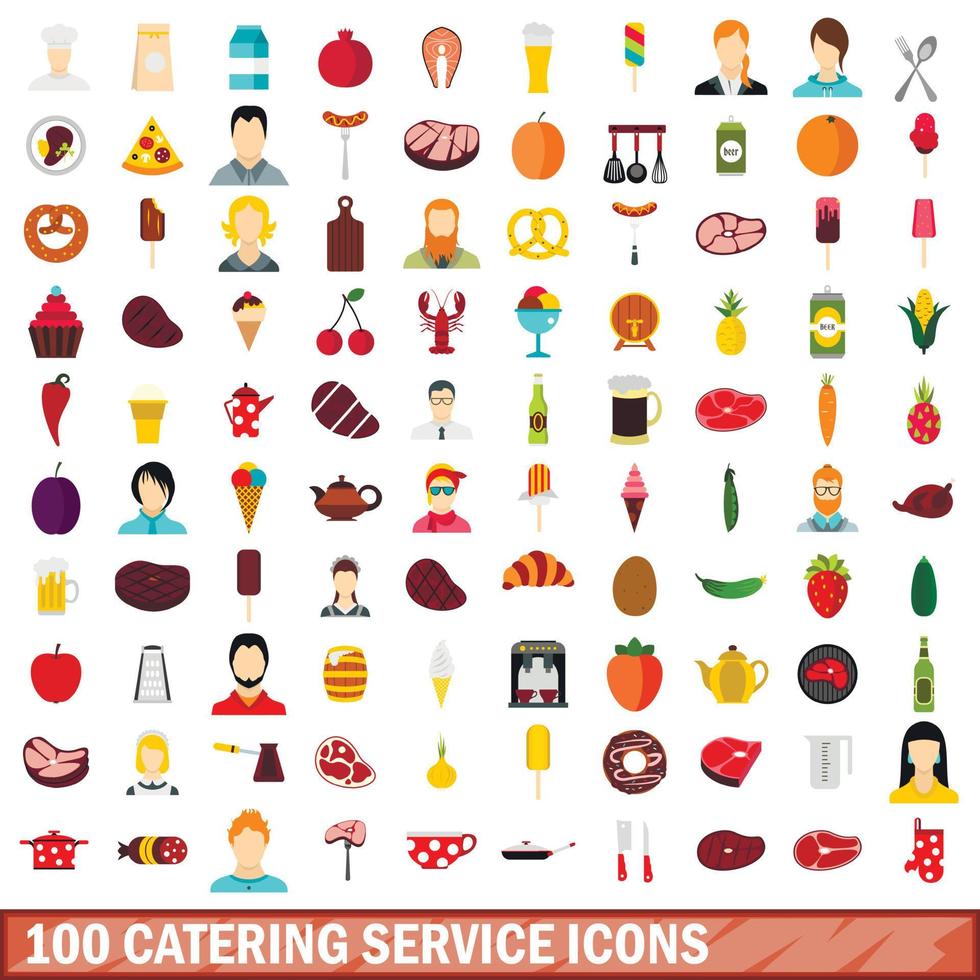 100 Catering-Service-Icons gesetzt, flacher Stil vektor