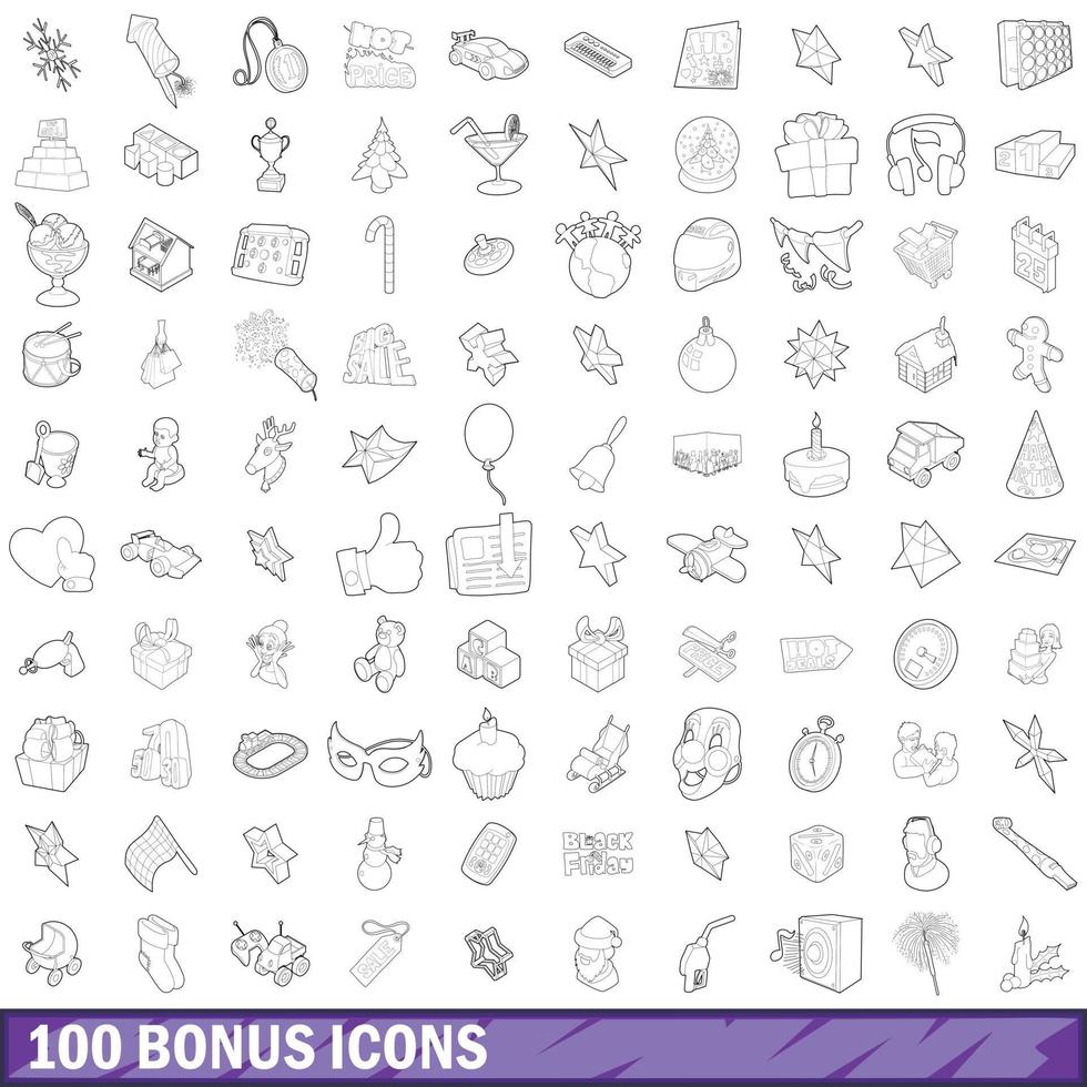 100 Bonus-Icons gesetzt, Umrissstil vektor