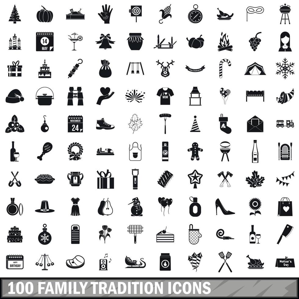 100 familjetraditionsikoner set, enkel stil vektor