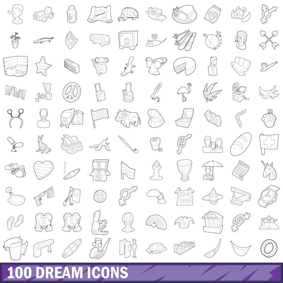 100 dröm ikoner set, kontur stil vektor