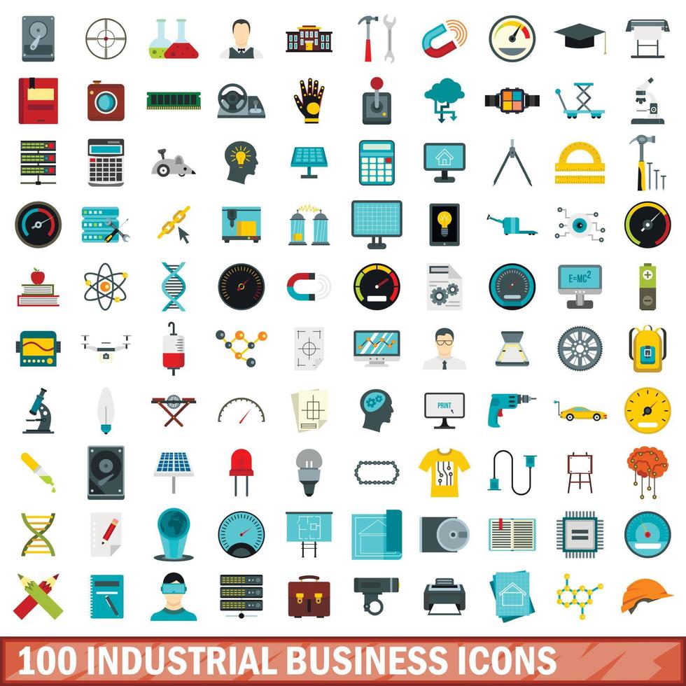 100 industrielle Business-Icons gesetzt, flacher Stil vektor