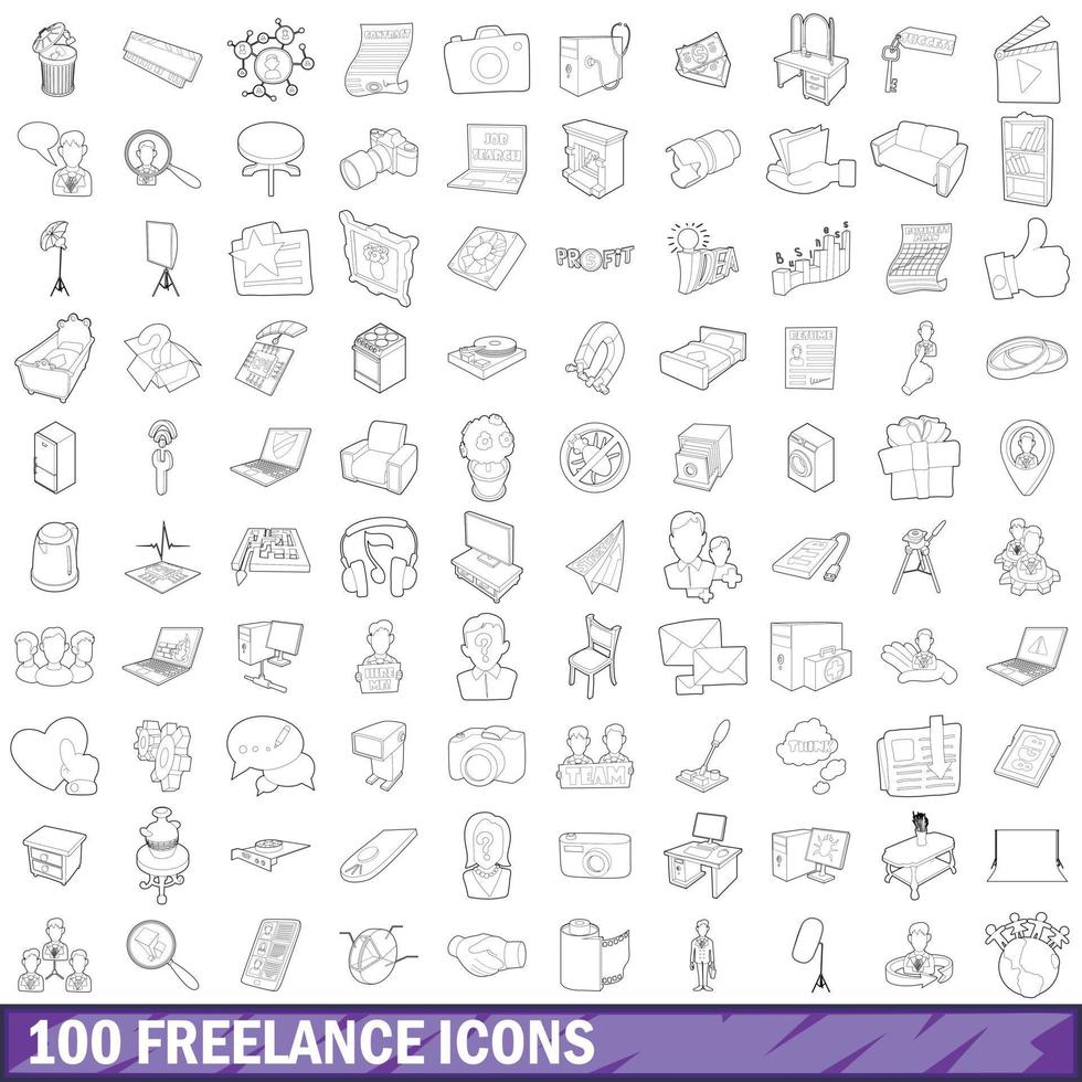 100 frilansande ikoner set, konturstil vektor