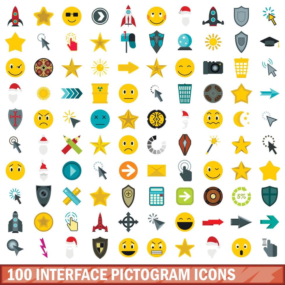 100 gränssnitt piktogram ikoner set, platt stil vektor