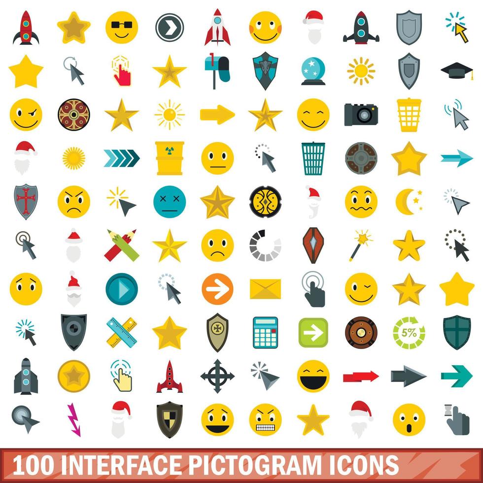 100 Schnittstellen-Piktogramm-Icons gesetzt, flacher Stil vektor