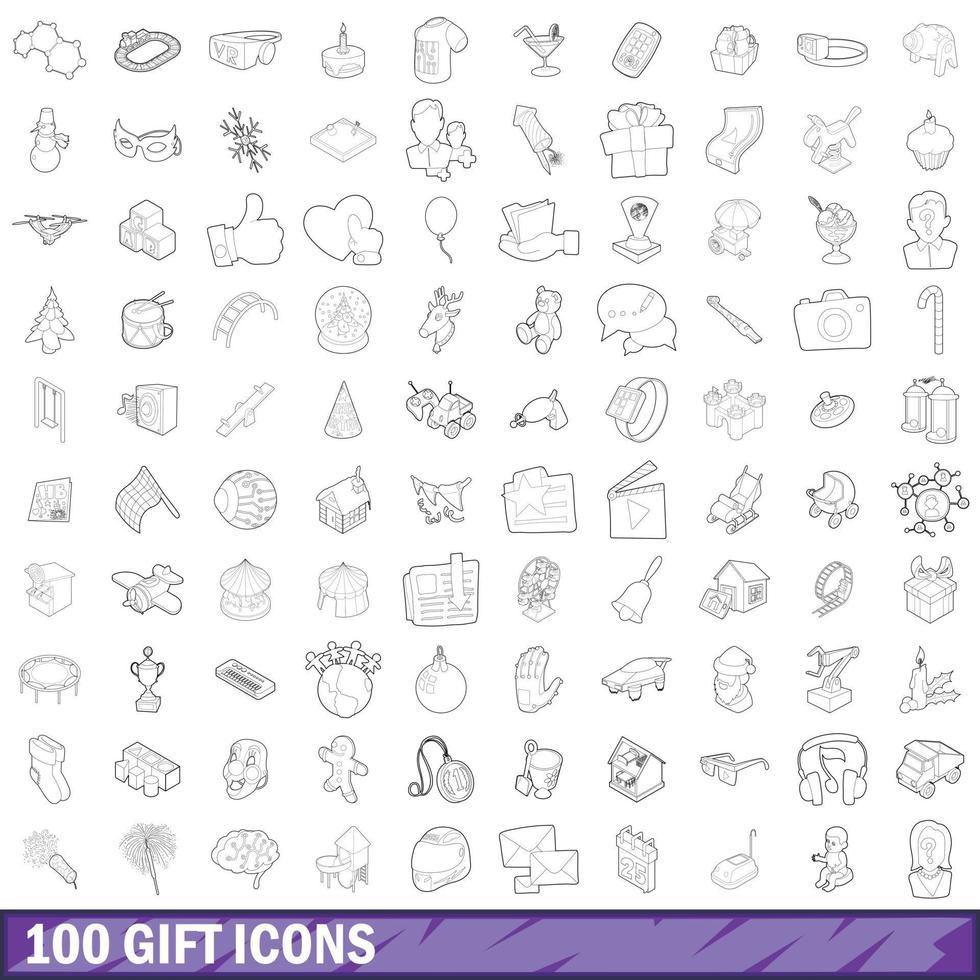 100 gåva ikoner set, kontur stil vektor