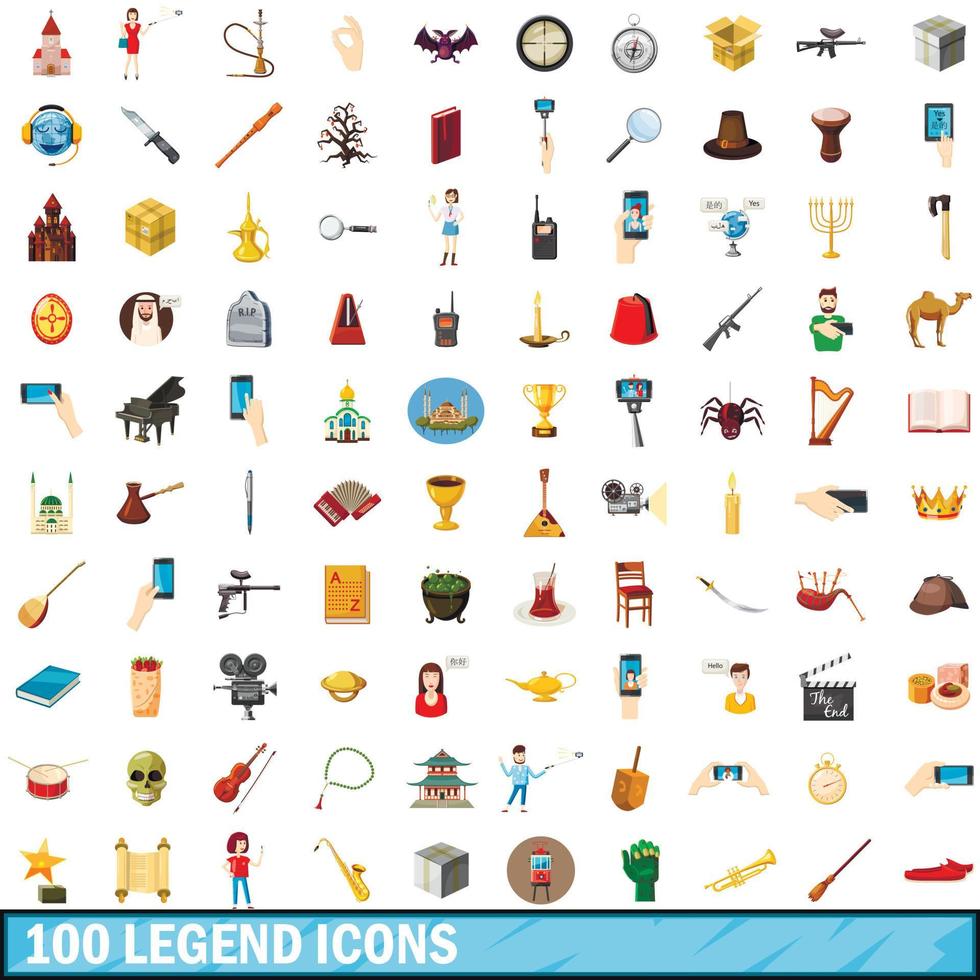 100 Legenden-Icons gesetzt, Cartoon-Stil vektor