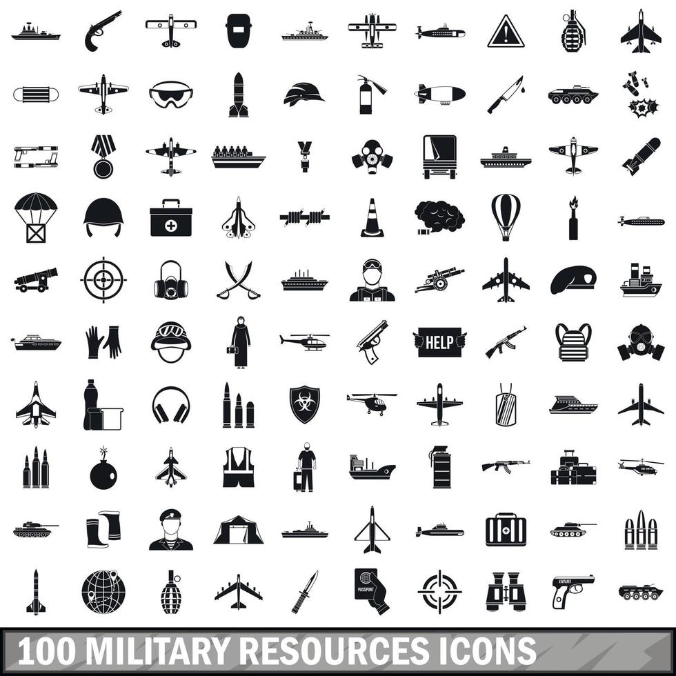 100 Symbole für militärische Ressourcen, einfacher Stil vektor