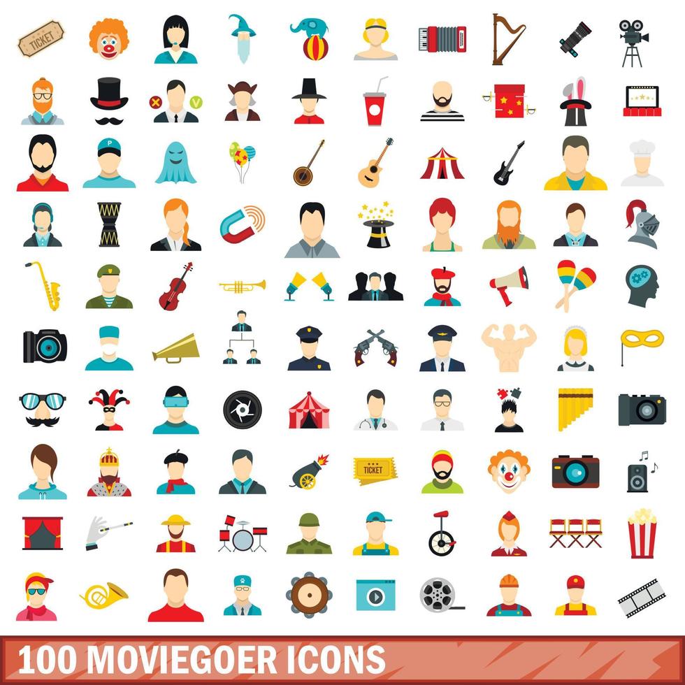 100 biobesökare ikoner set, platt stil vektor