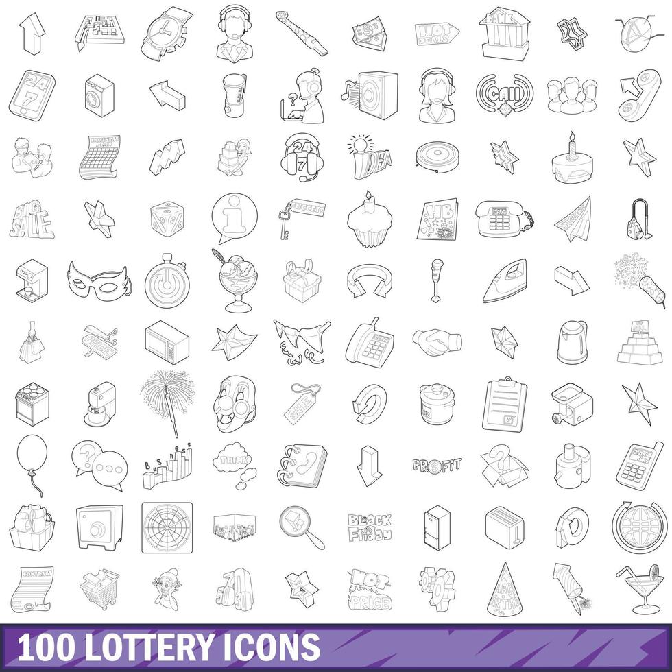 100 Lotteriesymbole gesetzt, Umrissstil vektor
