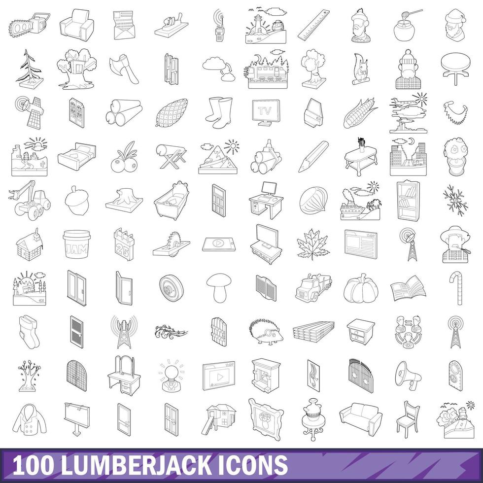 100 skogshuggare ikoner set, konturstil vektor