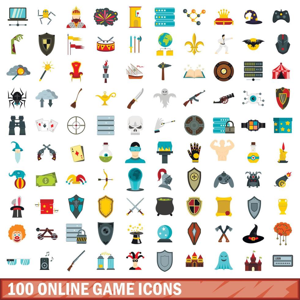 100 Online-Spielsymbole gesetzt, flacher Stil vektor