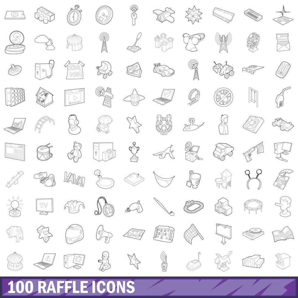 100 tombola ikoner set, kontur stil vektor