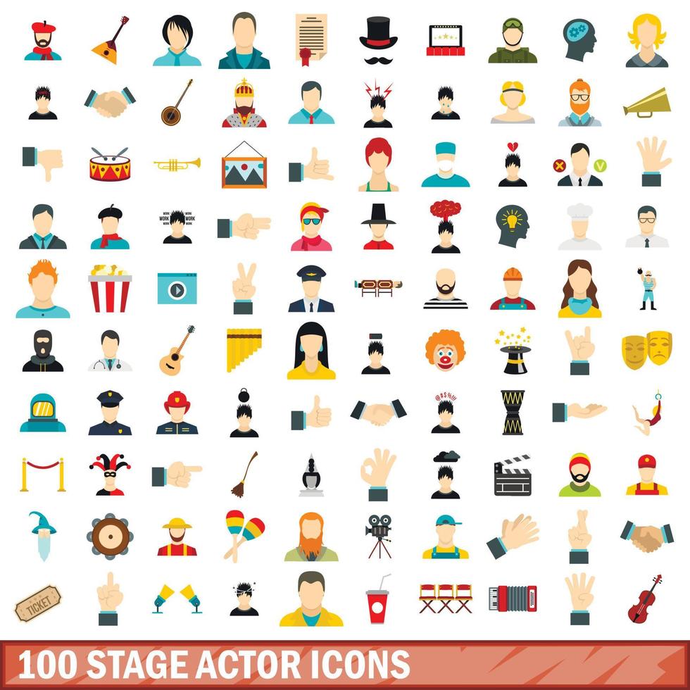 100 Symbole für Bühnenschauspieler, flacher Stil vektor