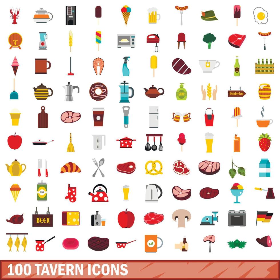 100 taverna ikoner set, platt stil vektor