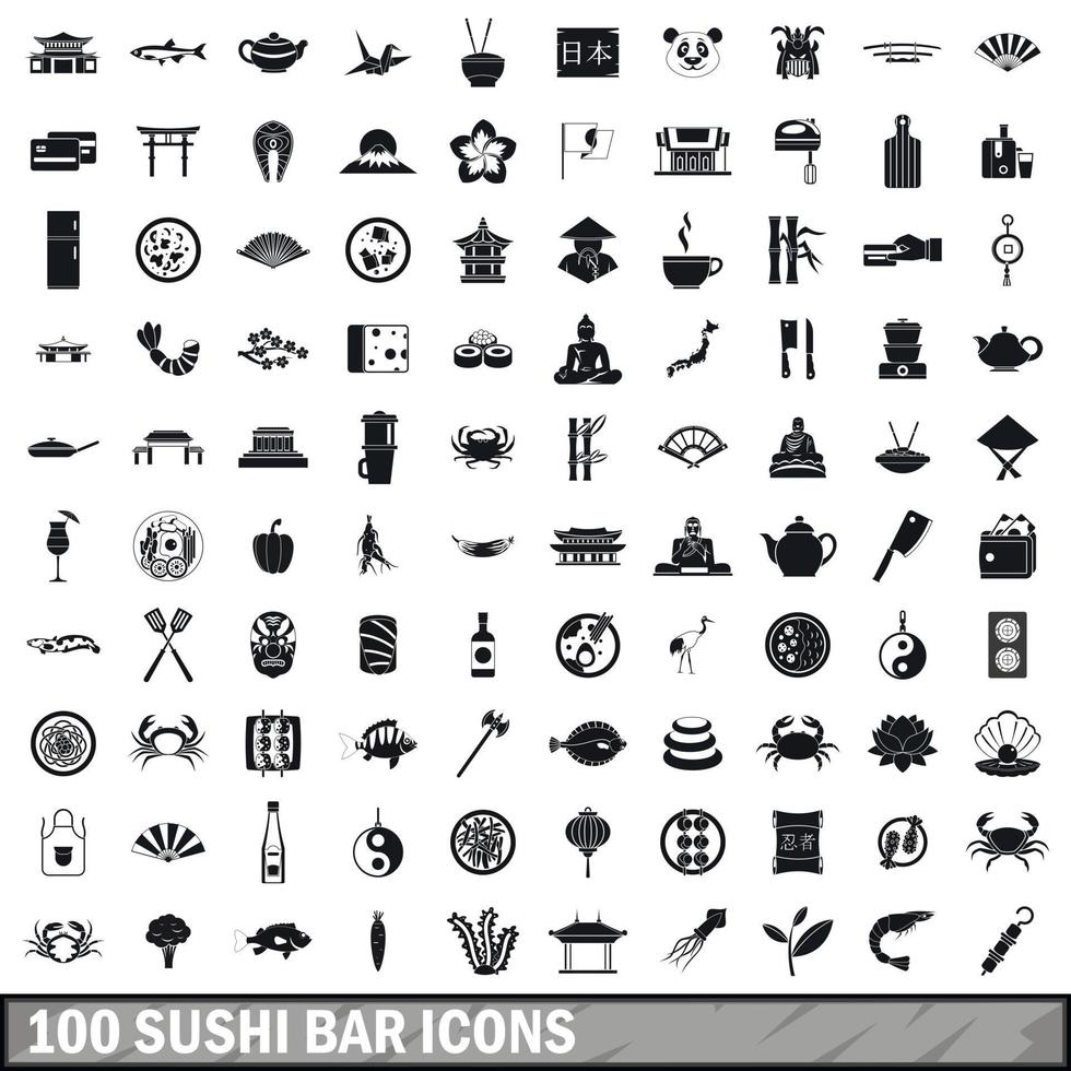 100 sushi bar ikoner set, enkel stil vektor