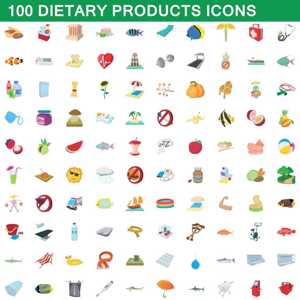 100 Symbole für Diätprodukte im Cartoon-Stil vektor