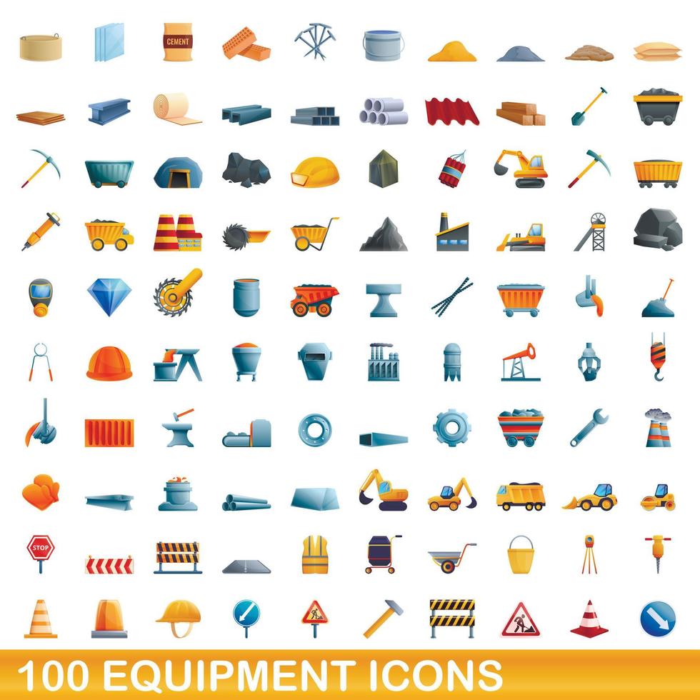 100 utrustning ikoner set, tecknad stil vektor