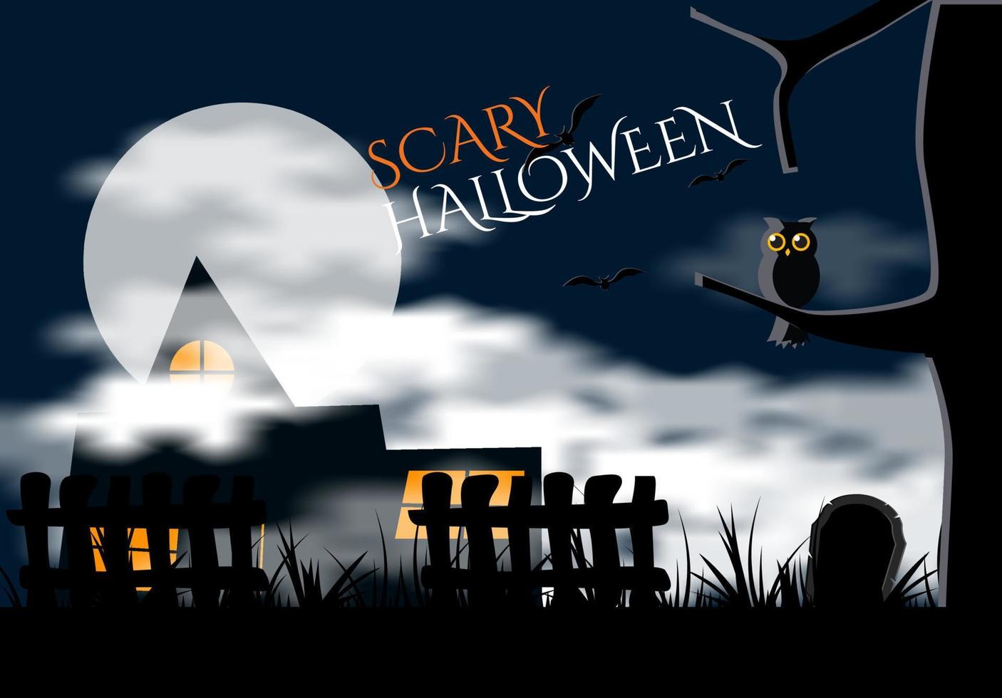 Illustration der Vektorgrafik Haloween Scary Night Background Banner. haloween party zeichen vektor cover illustration. gruseliges haus in der nacht. eps10-Format.