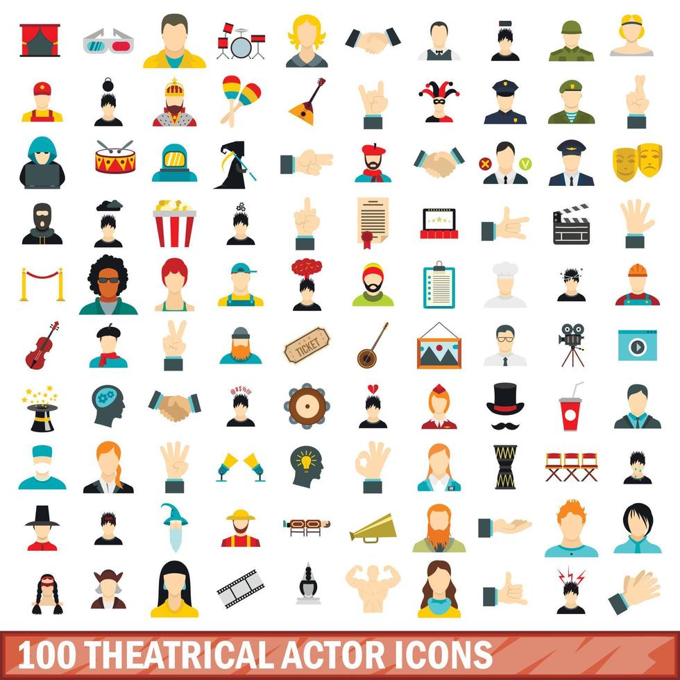 100 teatraliska skådespelare ikoner set, platt stil vektor