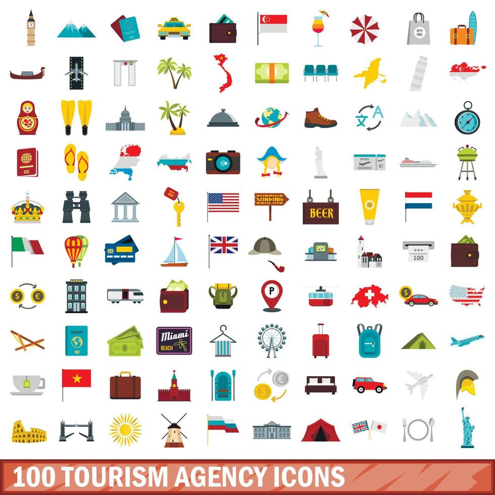 100 Symbole für Tourismusagenturen, flacher Stil vektor