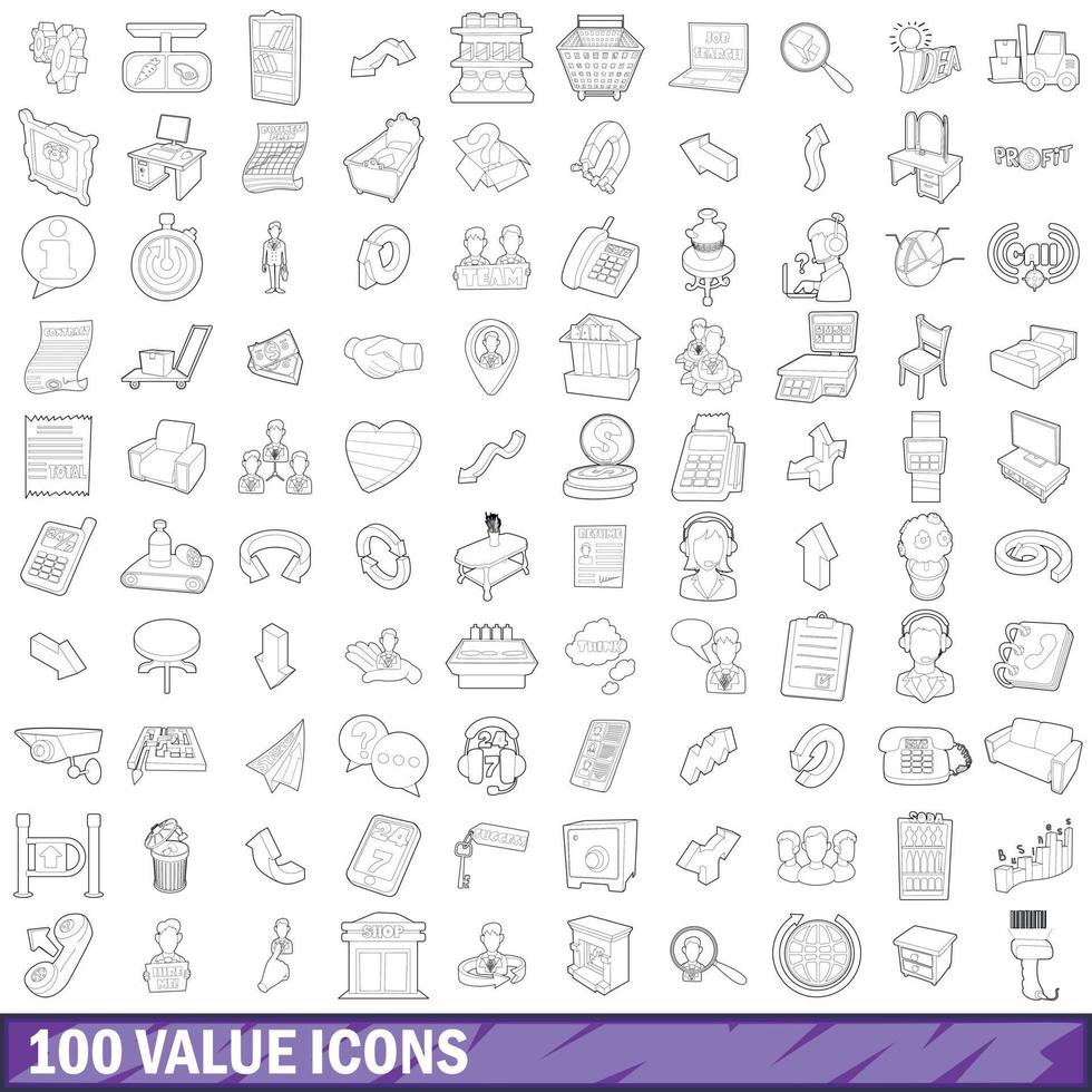 100 värde ikoner set, kontur stil vektor