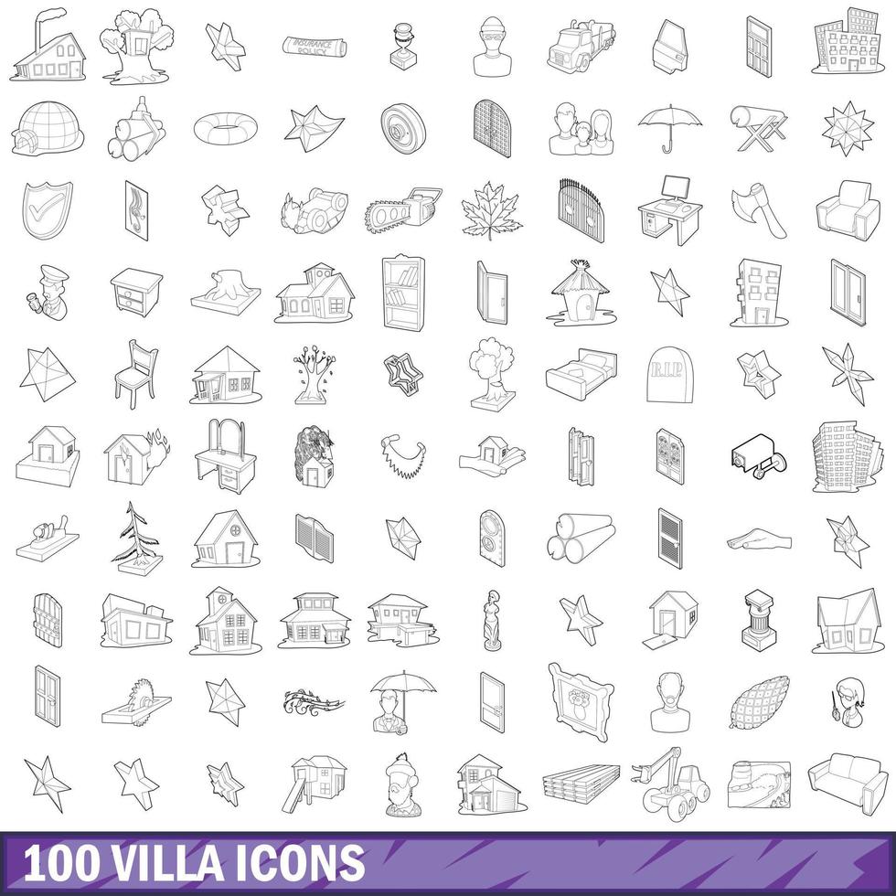 100 Villa-Icons gesetzt, Umrissstil vektor