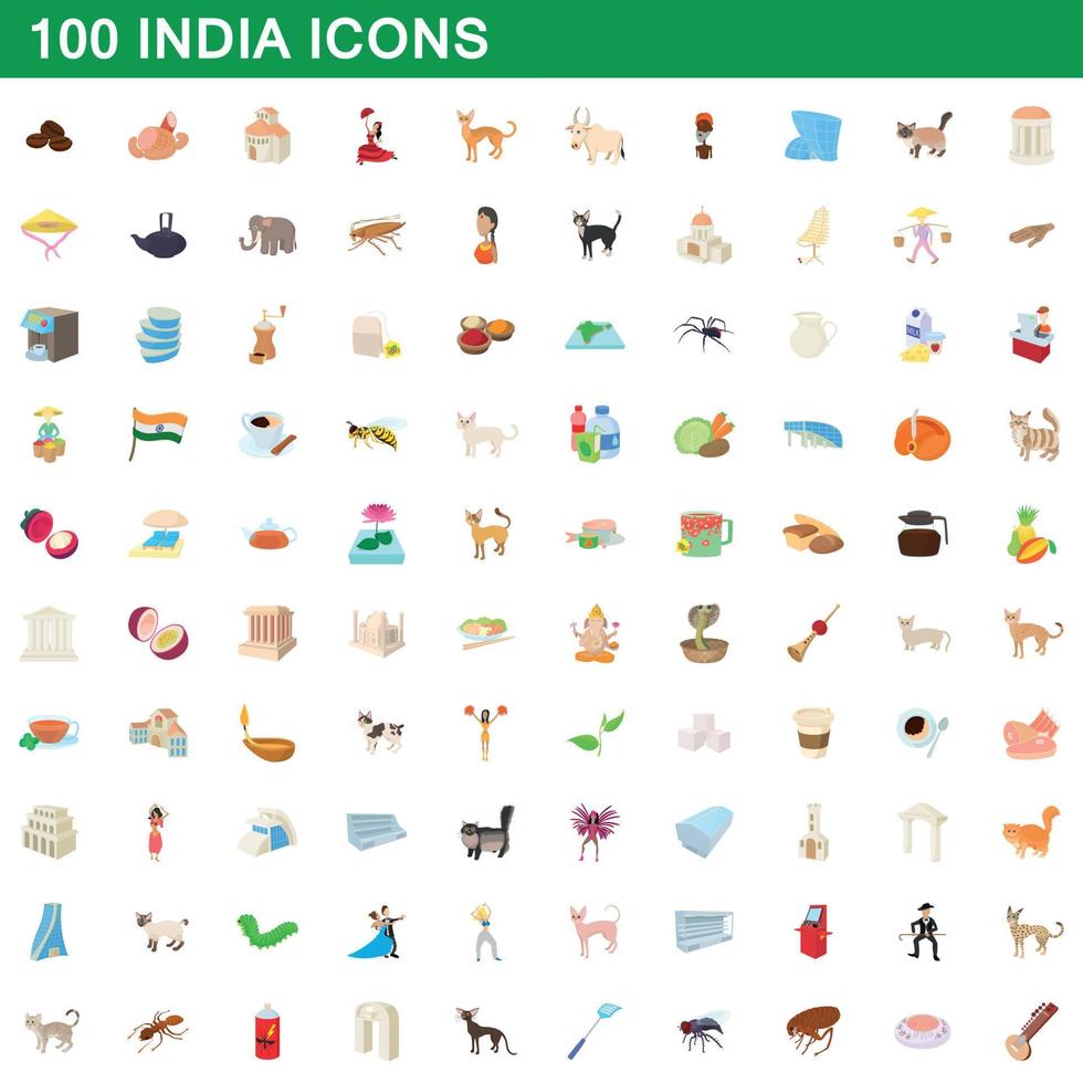 100 Indien ikoner set, tecknad stil vektor