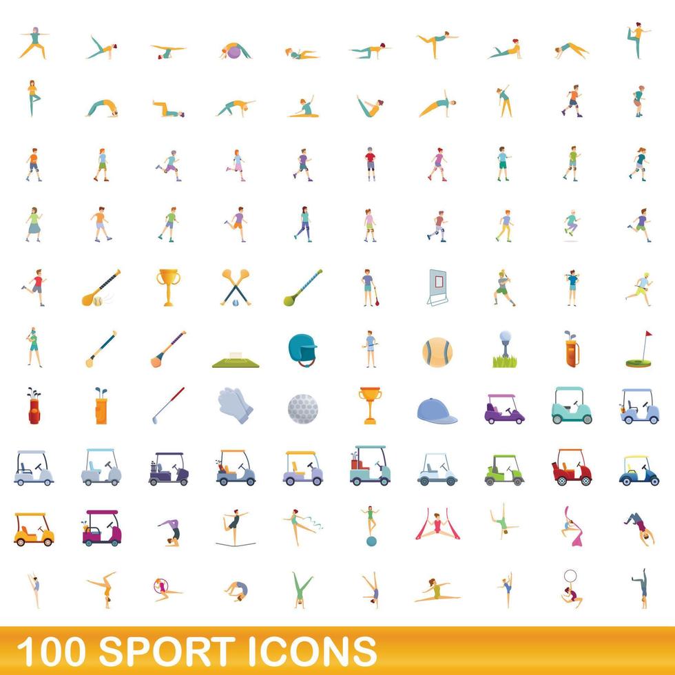 100 sport ikoner set, tecknad stil vektor