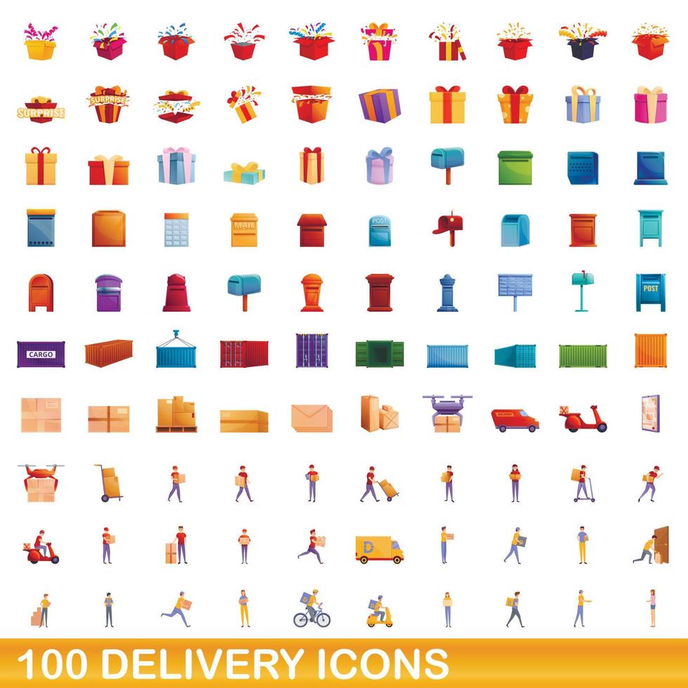 100 leverans ikoner set, tecknad stil vektor