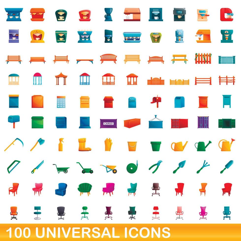 100 universella ikoner set, tecknad stil vektor