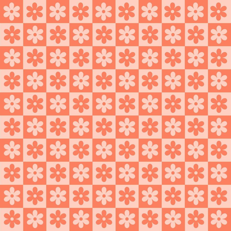 schackbräde monokrom seamless mönster med röda geometriskt formade blommor. färgglad vektorbakgrund i retrostil 60-, 70-tal. vektor