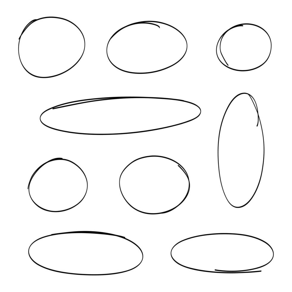 satz von handgezeichneten kreislinienskizzen. einfacher Linienmarkierungsstrich. handgezeichnete Scribble-Highlight-Kreise. Scribble Doodle rundes Design. vektor
