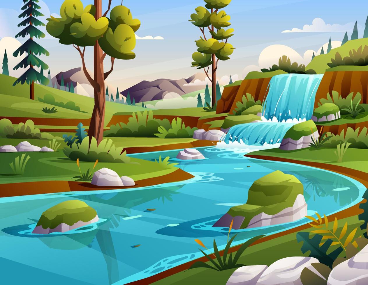 blå flod i skogen med berg landskap bakgrundsillustration vektor