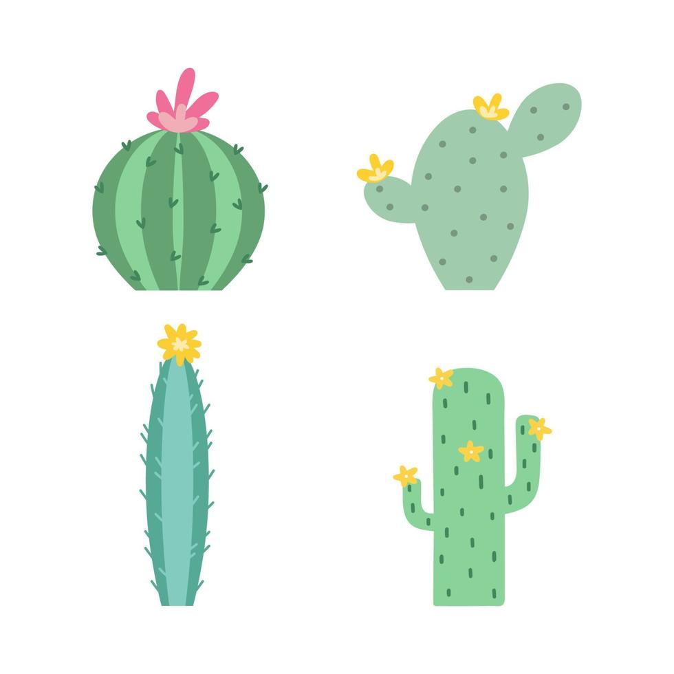 Reihe von verschiedenen Kakteen und Sukkulenten auf weißem Hintergrund. vektor hand gezeichneter satz kaktus mit blumen und sukkulenten flache illustration. Sammlung exotischer Pflanzen