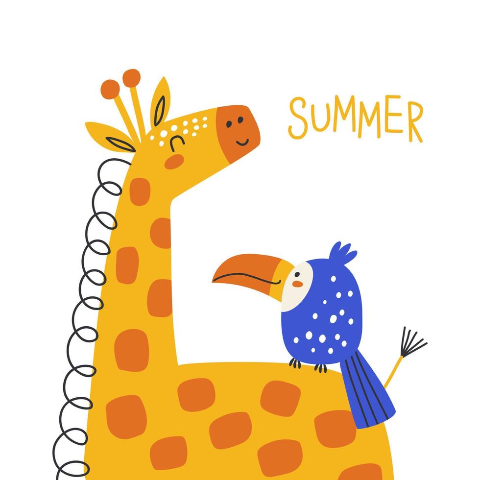 sommarkort med giraff och tukan. barntryck. vektor illustrationer