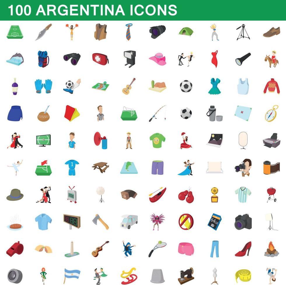 100 argentina ikoner set, tecknad stil vektor