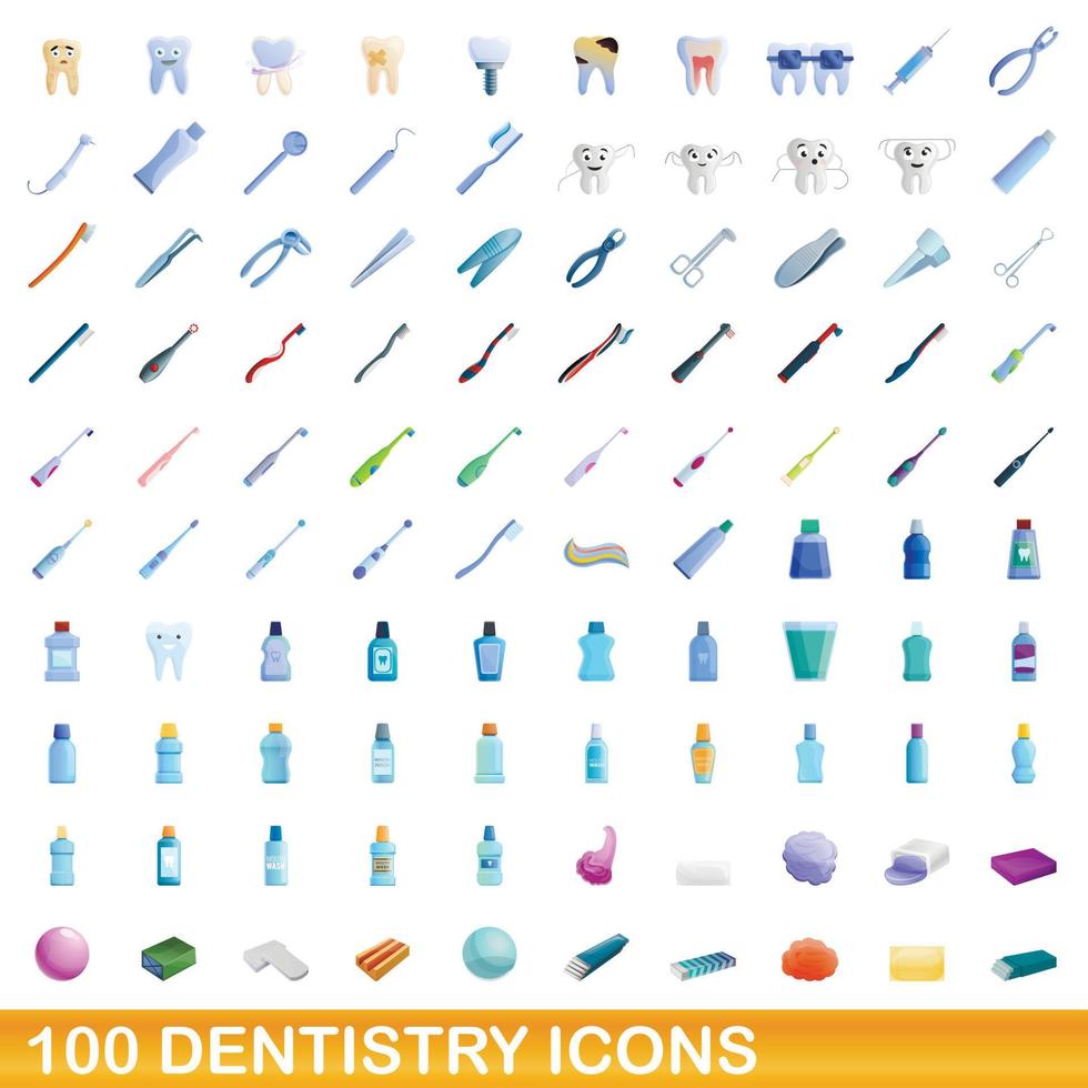 100 tandvård ikoner set, tecknad stil vektor
