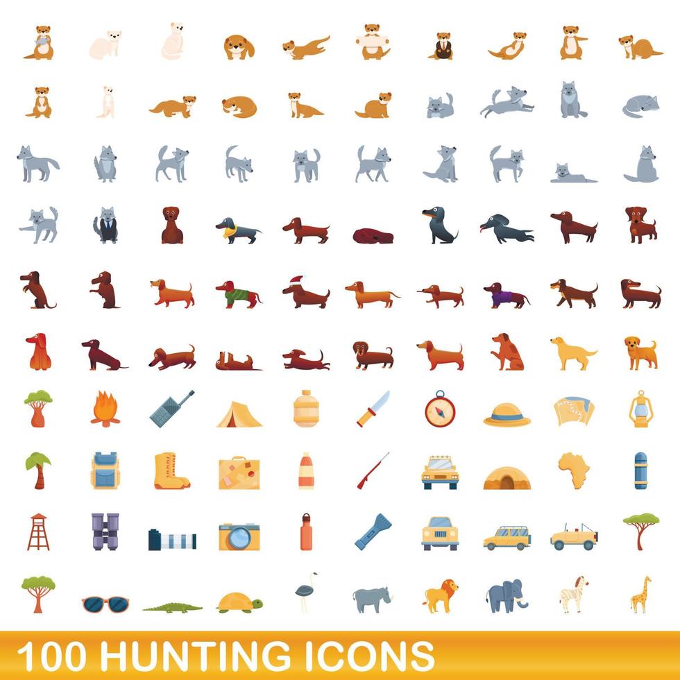 100 jakt ikoner set, tecknad stil vektor